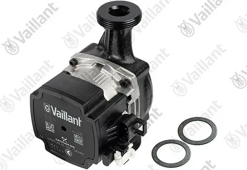 Vaillant Pumpe mit schwarzem Gehäuse, elektrischer Anschluss, und zwei Dichtungen in der Nähe. Geeignet für Heizungsanwendungen.